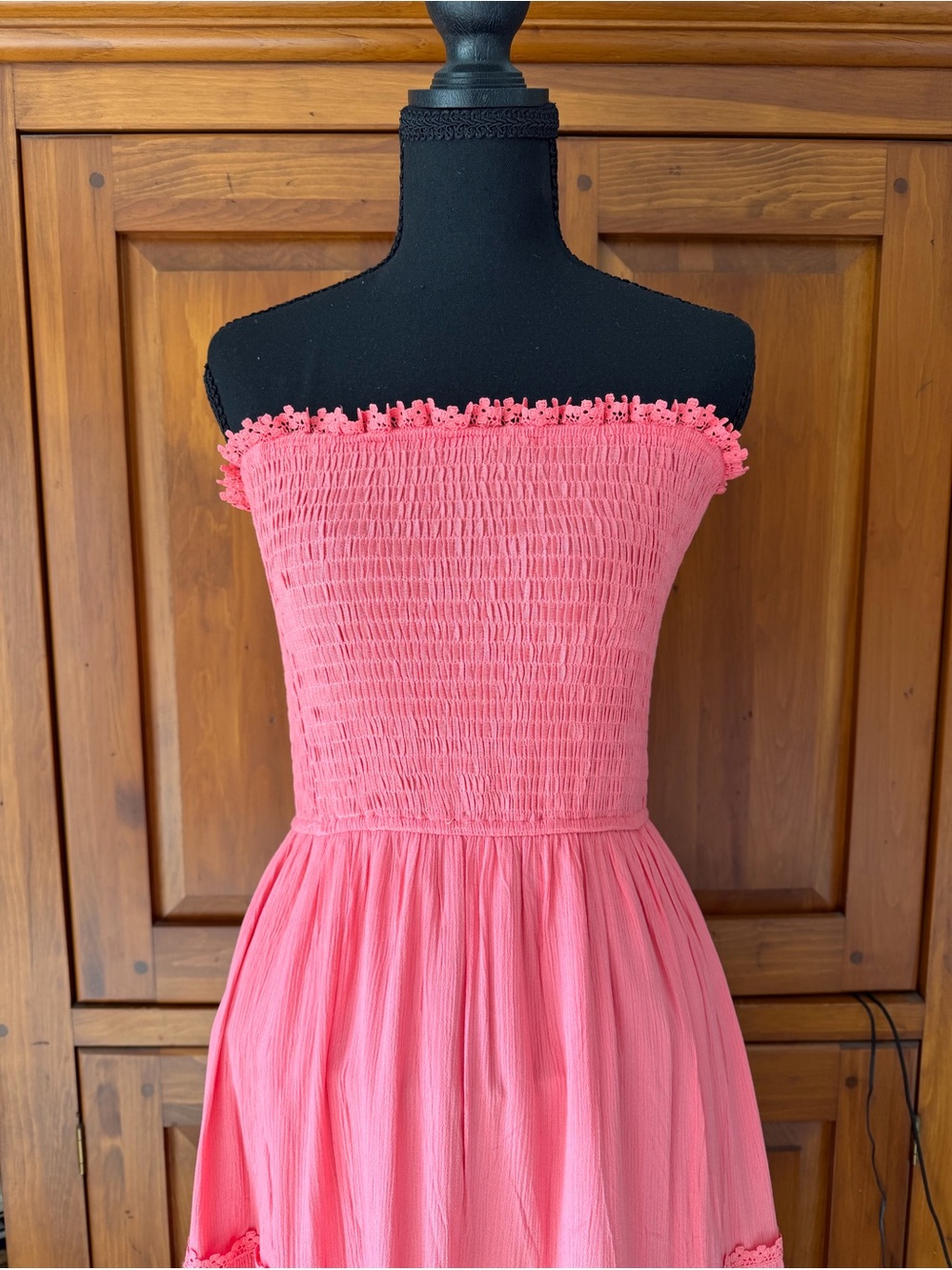 Strapless Salmon-Pink Smocked Sundress